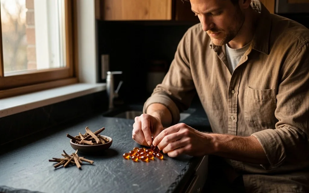 Man preparing morning supplements at home