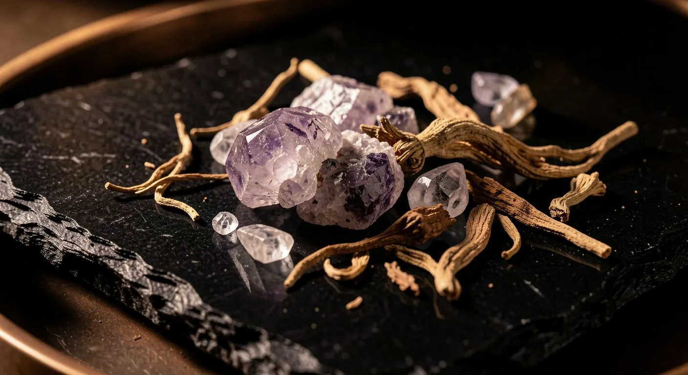 Raw mineral crystals and botanical root extracts on dark stone