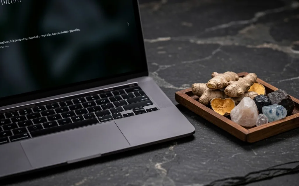 A desk with a laptop browsing a wellness website