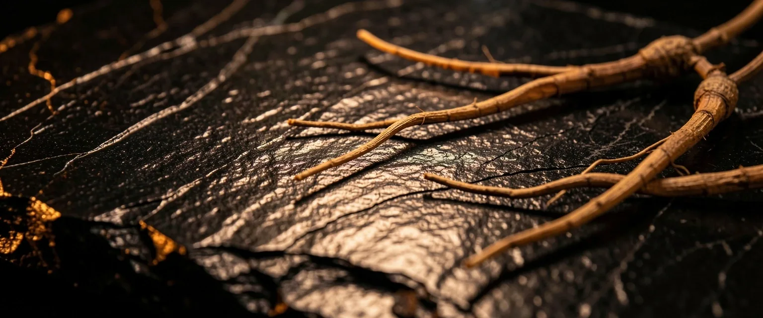 Dark stone surface with botanical roots