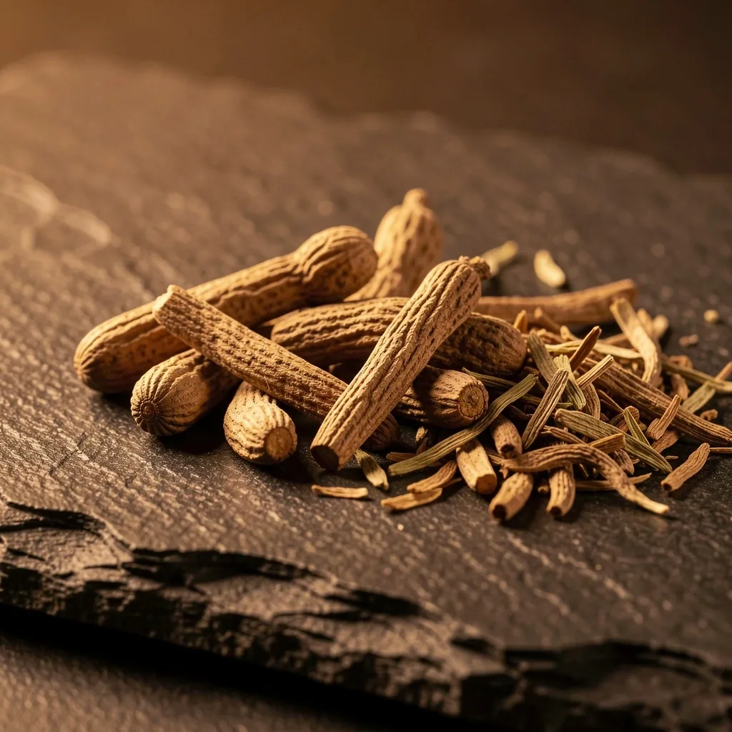 Dried ashwagandha root and tribulus botanical material on dark stone