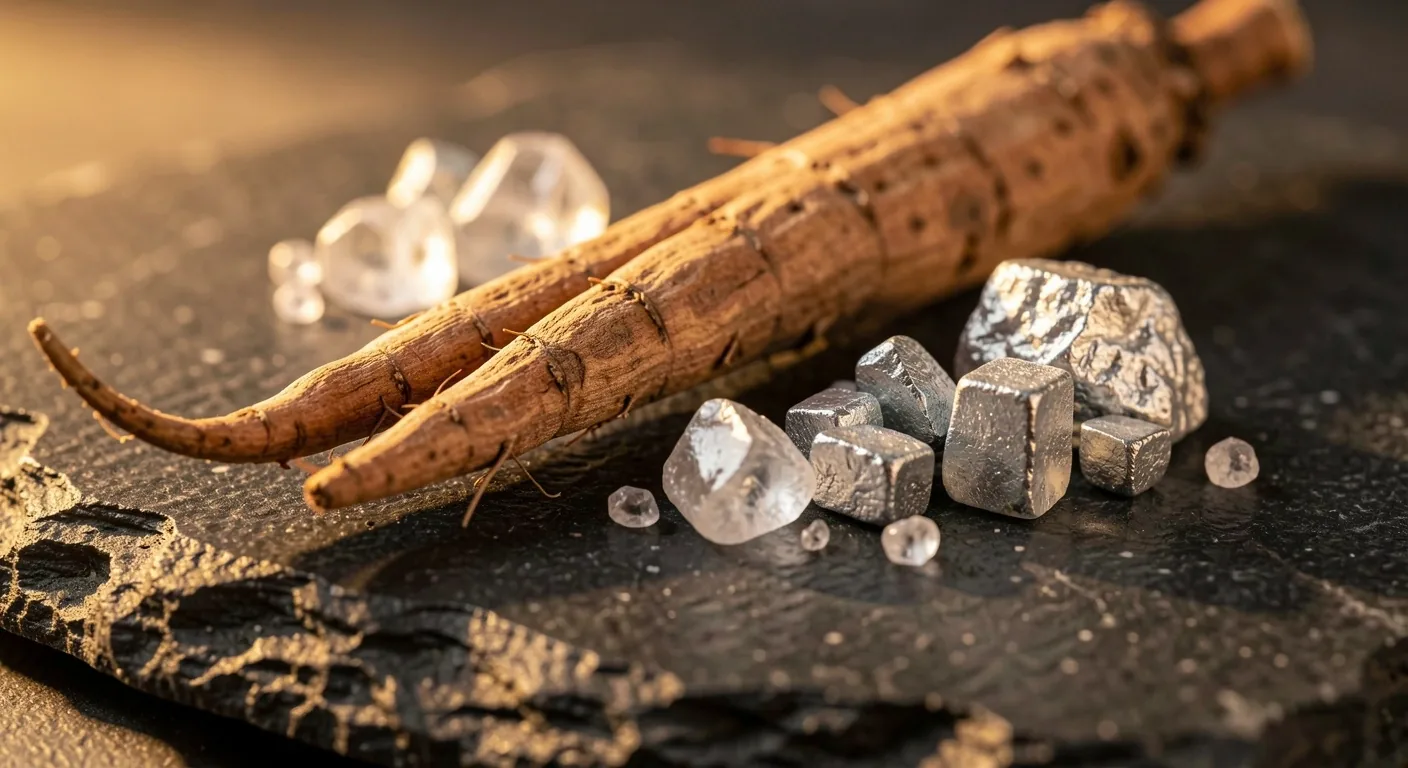 Macro view of raw mineral crystals and botanical roots on dark stone